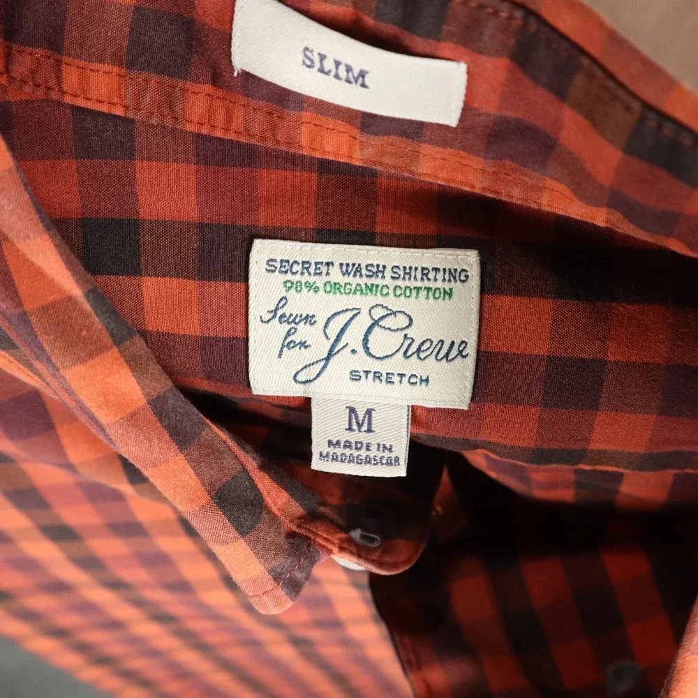 J.Crew Secret Wash Organic Cotton Red Gingham Shirt Mens‎ M Slim Fit Madagascar